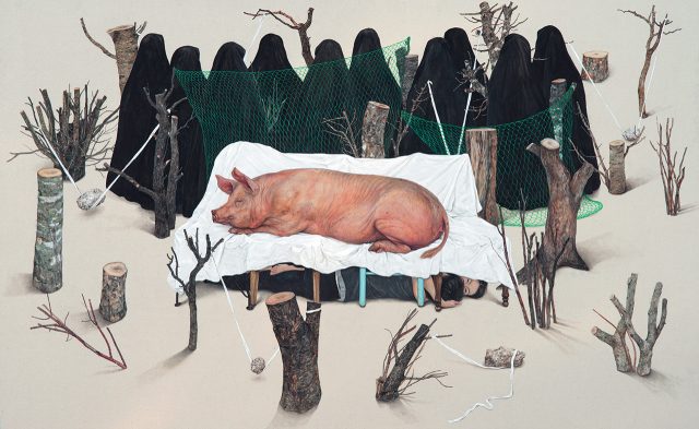 ‘얇은 찬양’, 2017, 리넨에 채색, 100×120cm