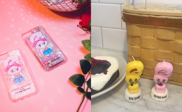 (왼쪽) 더블유씨(WC)를 위한 에스더 버니 x 핑크 팬더(Pink Panther). (오른쪽) 에스더 버니 x 구스 해그 올가 캔들(Goose Hag Olga Candle).