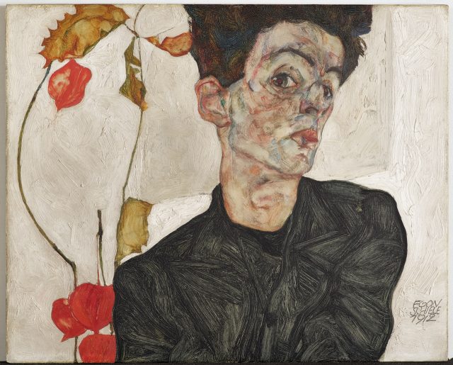 Egon Schiele, ‘Self-Portrait with Chinese Lantern Plant’, 1912, 32.2×39.8cm, Oil and opaque color on wood.