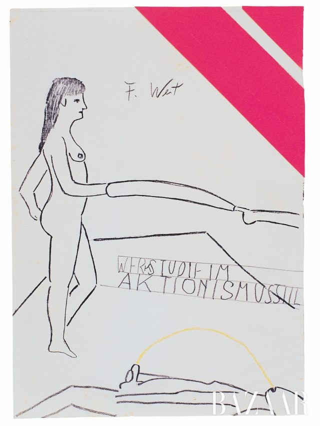 ‘Untitled(drawing from Actionist inspiration)’, ca, 1974, 21×15cm, Pen, self –adhesive papers on paper.